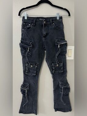 Valabasas Cargo Jeans Youth 12 Black Stacked Pocket Moto Streetwear Denim